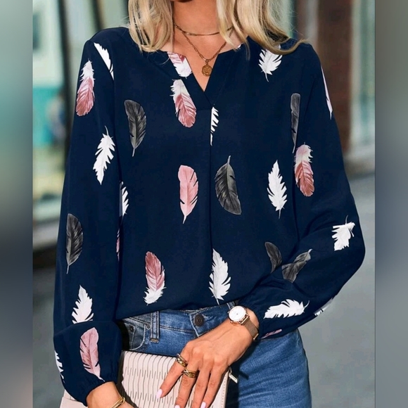 Feather print, long sleeve blouse - Picture 2 of 4
